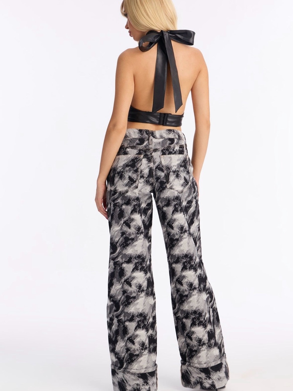 Black Faux-Leather Halter Top & Black-White Abstract Wide Leg Pants